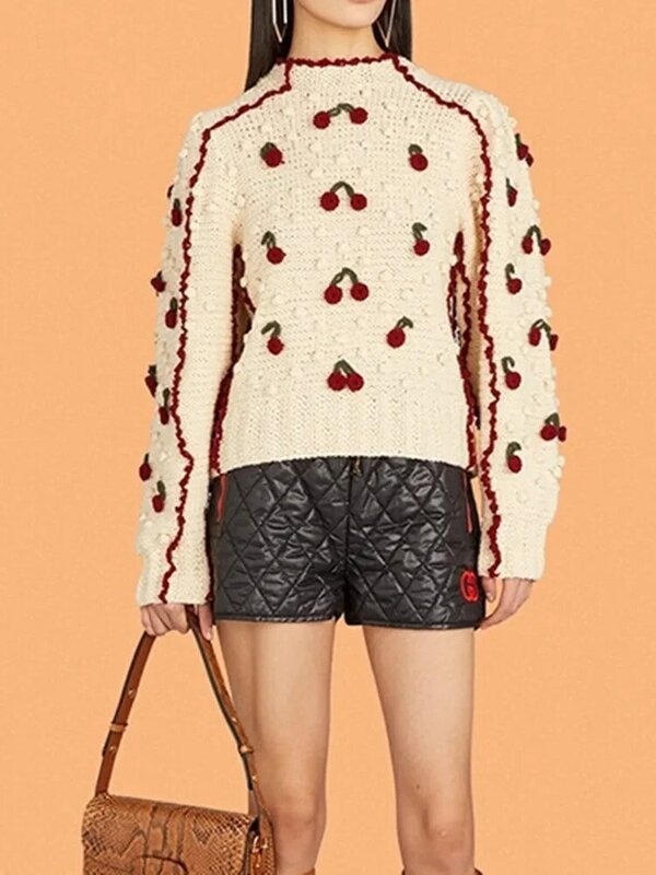 Winter neue Frauen Pullover O-Ausschnitt Kirschen Stickerei süß gestrickt Pullover