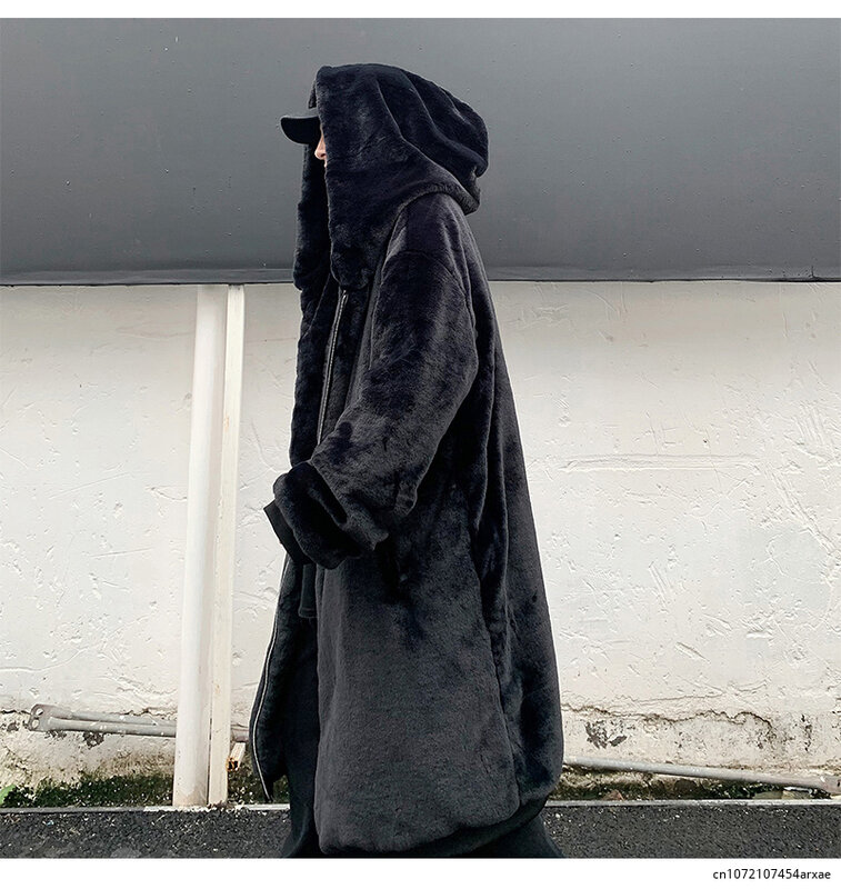 Zimowe długi, w stylu Oversized czarne ciepłe grube miękkie puszyste płaszcz ze sztucznego futra mężczyzn z kapturem na zamek luźna koreańska moda 2023