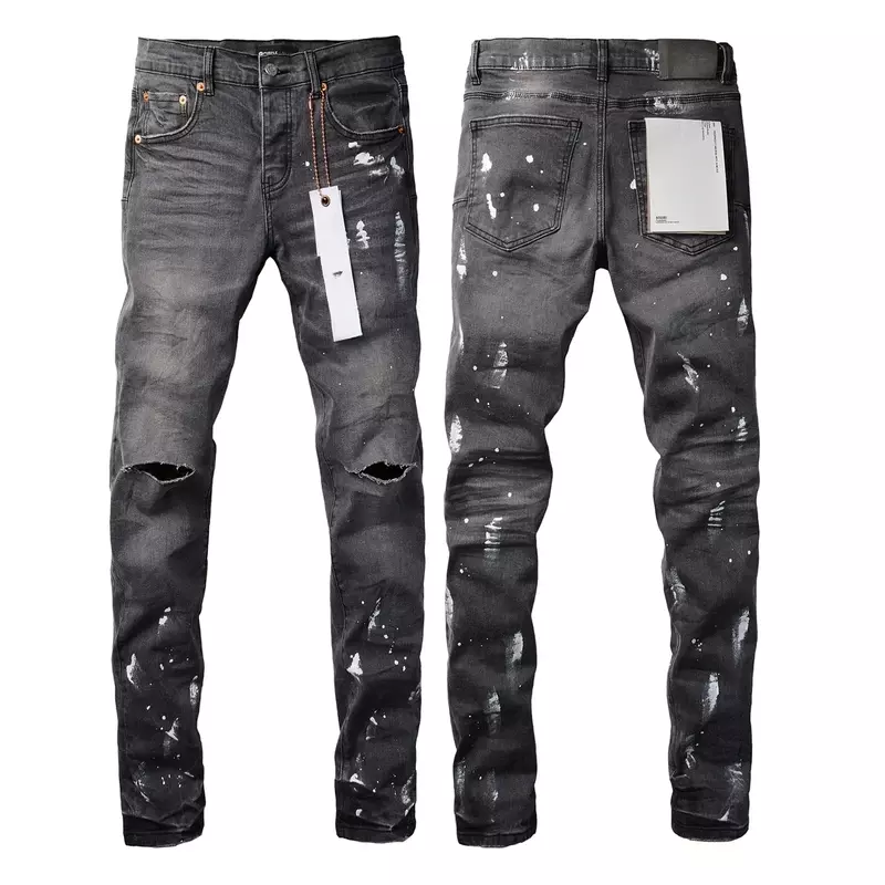 Top quality Purple ROCA Branded Jeans Fashion Top Street Ripped Grey Paint Top Quality Repair Low Rise Skinny pants