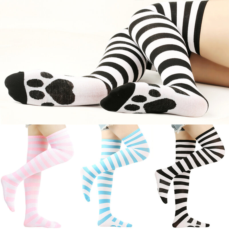 Lolita Over The Knee Long Socks Girl's Kawaii Cat Paw Print Stockings Cotton Stripes Over The Knee Thigh High Female JK Socks