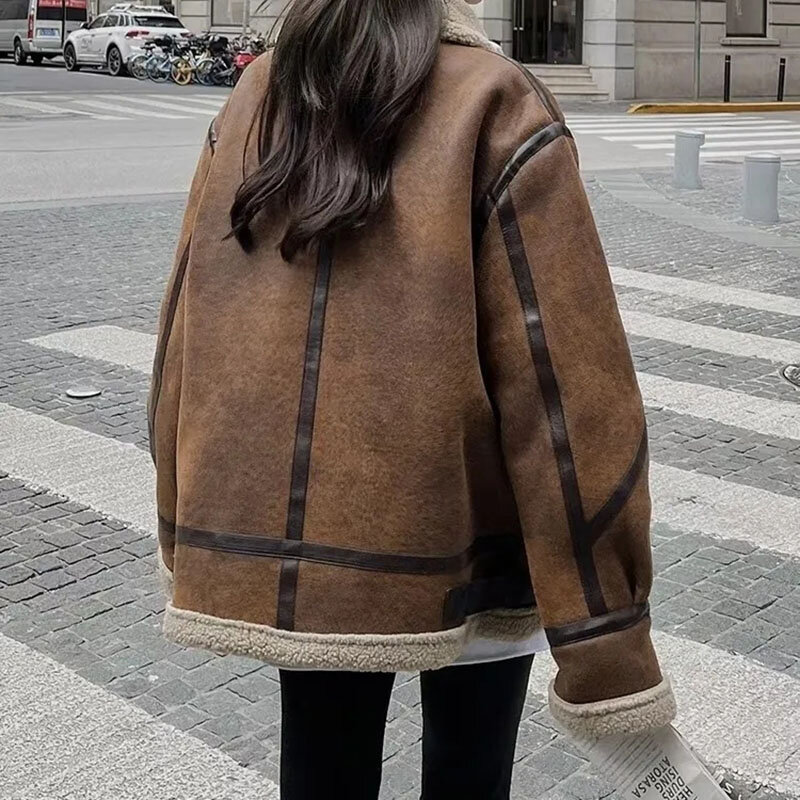 2023 Зимние Куртки из искусственной замши из овчины для женщин зимнее теплое пальто из искусственного меха женские Короткие повседневные куртки на молнии с длинным рукавом пальто