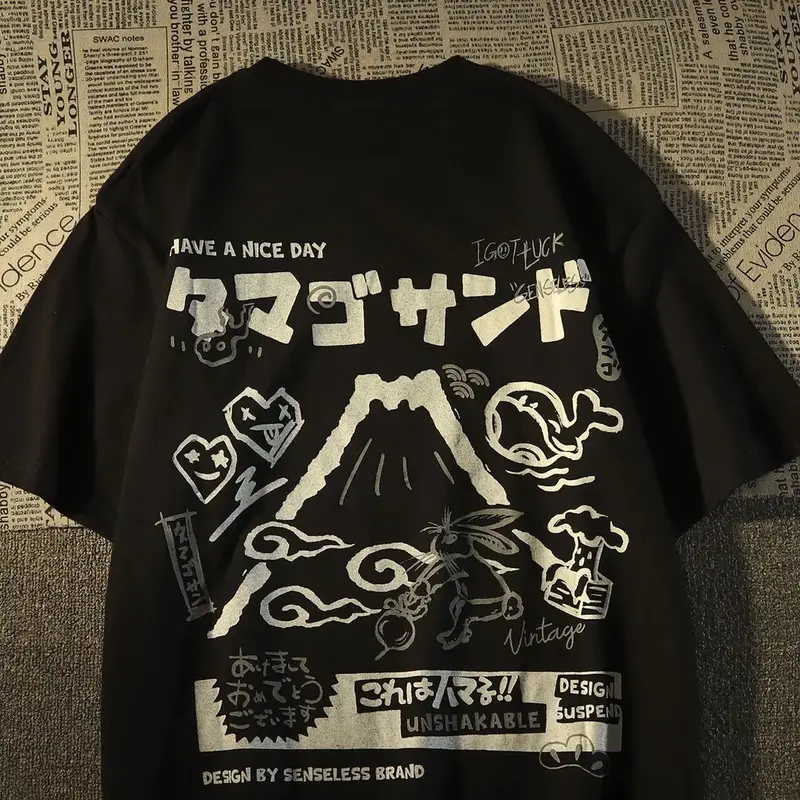 Japanese cartoon graffiti print loose cotton short-sleeved t-shirt harajuku y2k top women clothes gothic oversized t shirt