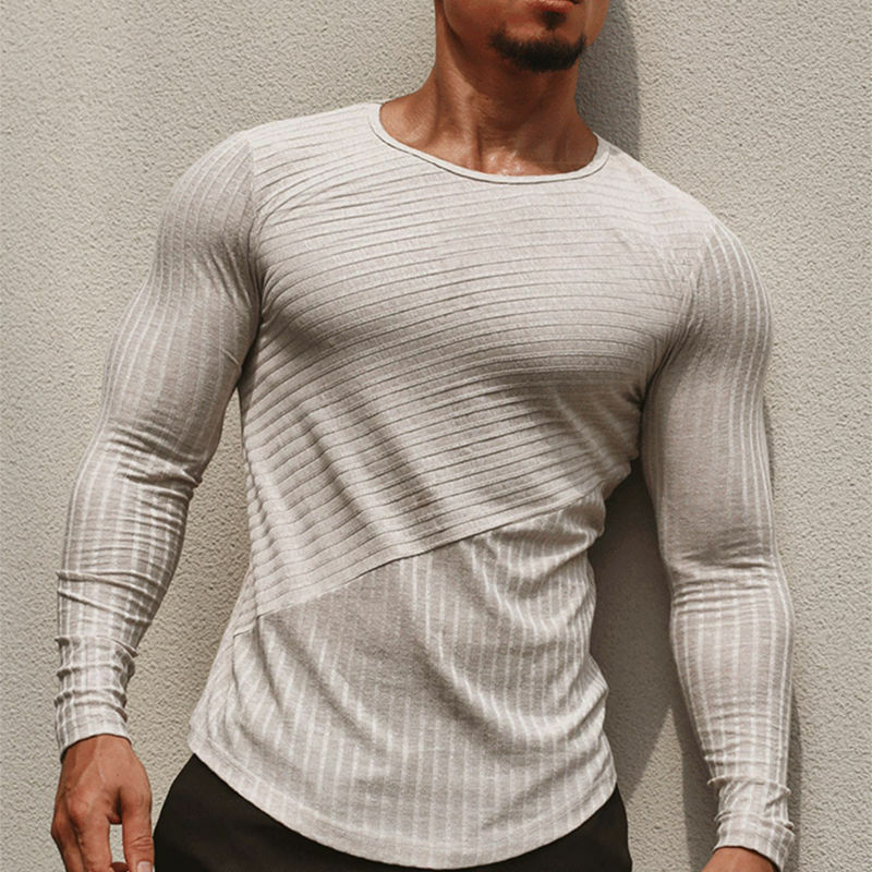 男性用速乾性スポーツシャツ,肌に密着した長袖ストライプトレーニングシャツ,ヨガトップ