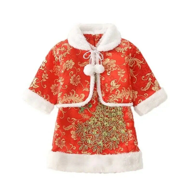 Terno Tang chinês ano novo para meninas, cheongsam bordado, vestido de princesa, traje de desempenho para bebê, inverno