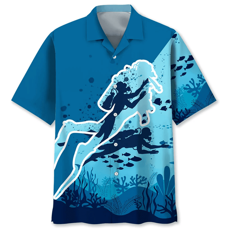 Chemise hawaïenne imprimée en 3D pour hommes, manches courtes, mode décontractée, chemisier boutonné à revers, plongée océanique, été, plage