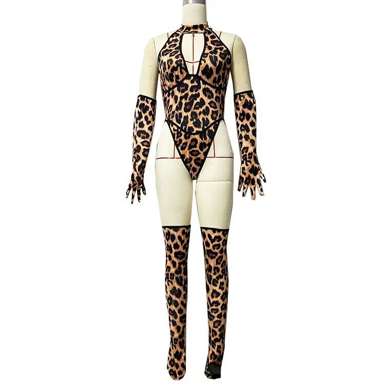 Tre pezzi stampa leopardata divertente costume intero guanti abbinati guanti per piedi costume animale