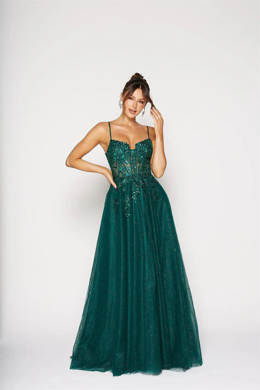 Sparkly Tulle Appliques Prom Dresses With Split Side Spaghetti Strap Sleeveless Formal Evening Backless Lace-up A-line Ball Gown