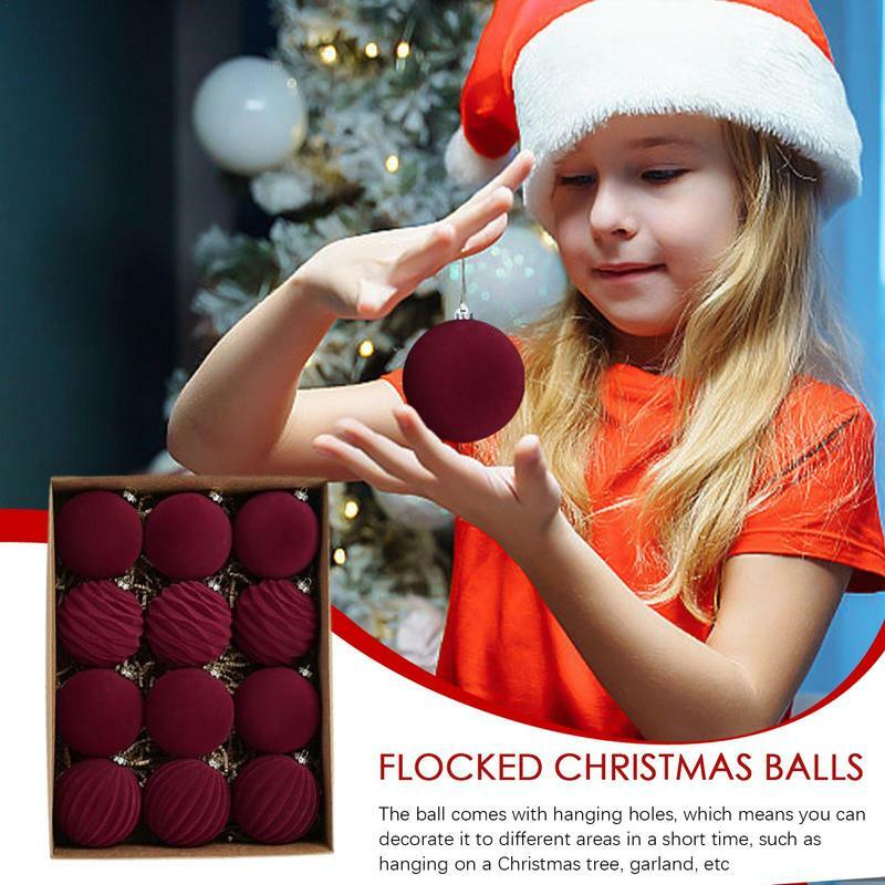 12 pz rosso floccaggio albero di natale ornamento palle per la decorazione domestica regalo di capodanno palle di natale Noel Navidad 2024 8cm