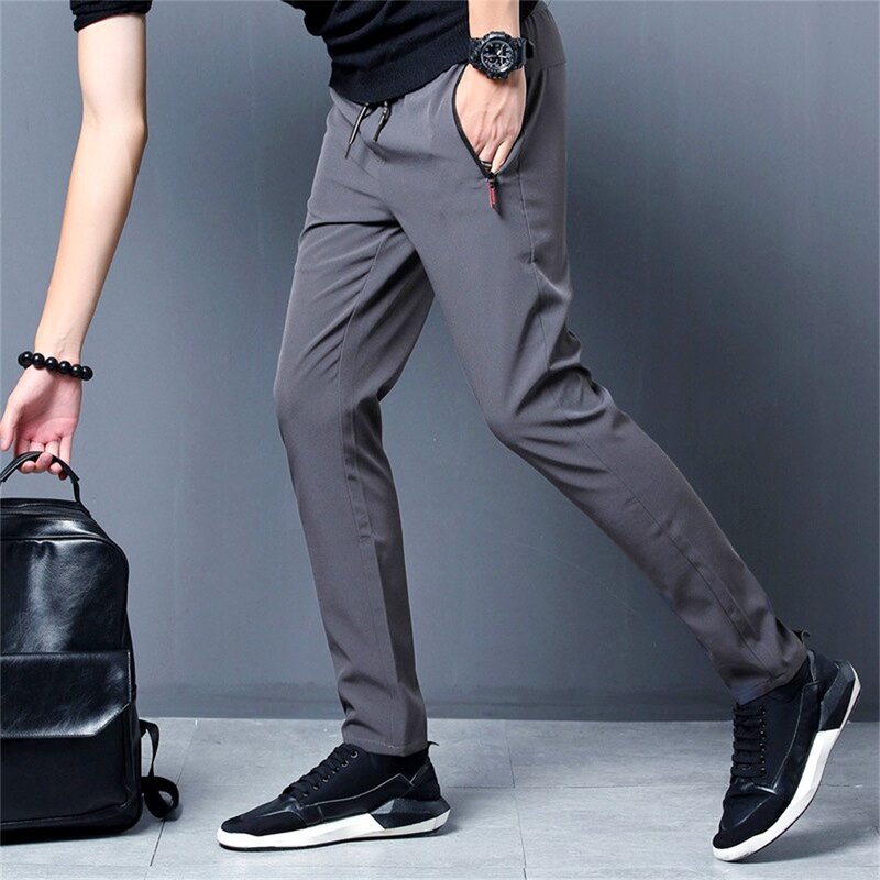 Брюки мужские Стрейчевые облегающие, повседневные деловые джоггеры с эластичным поясом, корейские классические брендовые штаны синие чёрные серые