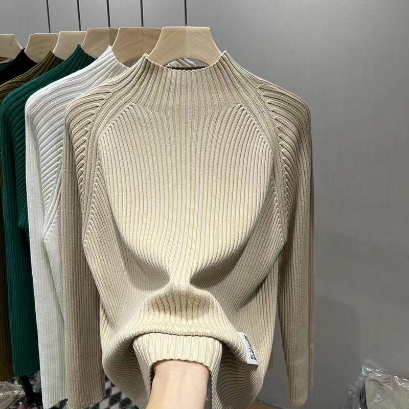 Suéter feminino de malha cor sólida básica meia gola alta, manga comprida, pulôver de fundo, jumpers femininos, tops outono e inverno