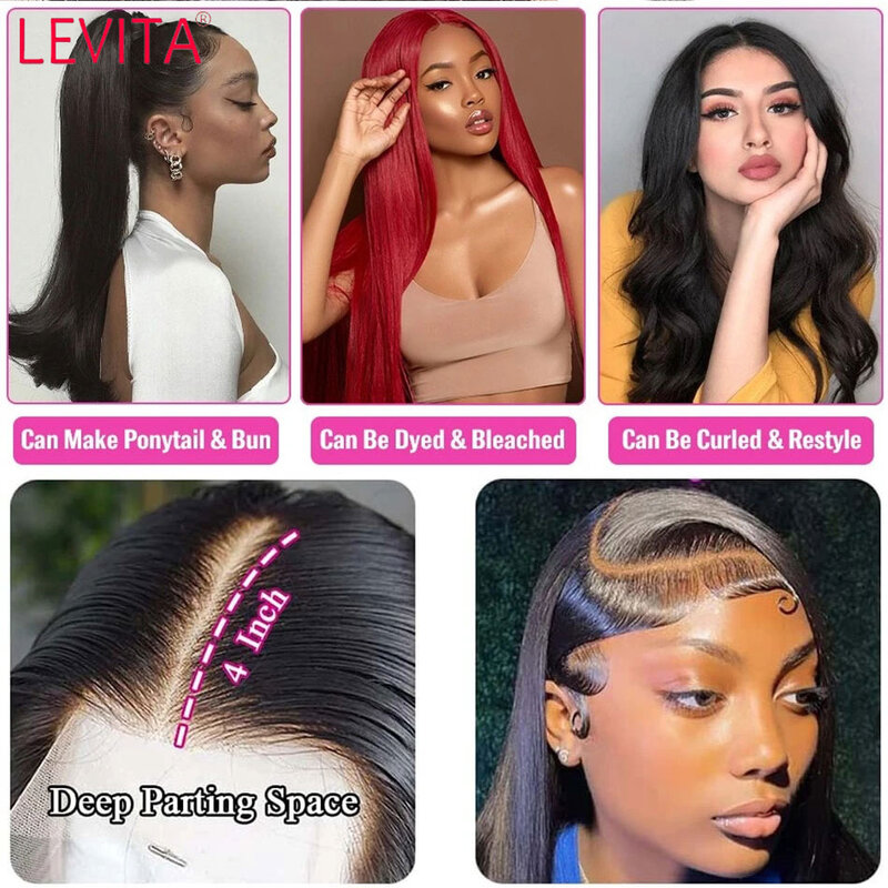 Glueless Straight Lace Front Wig para mulheres, cabelo humano, nós branqueados, tansparente, 13x4