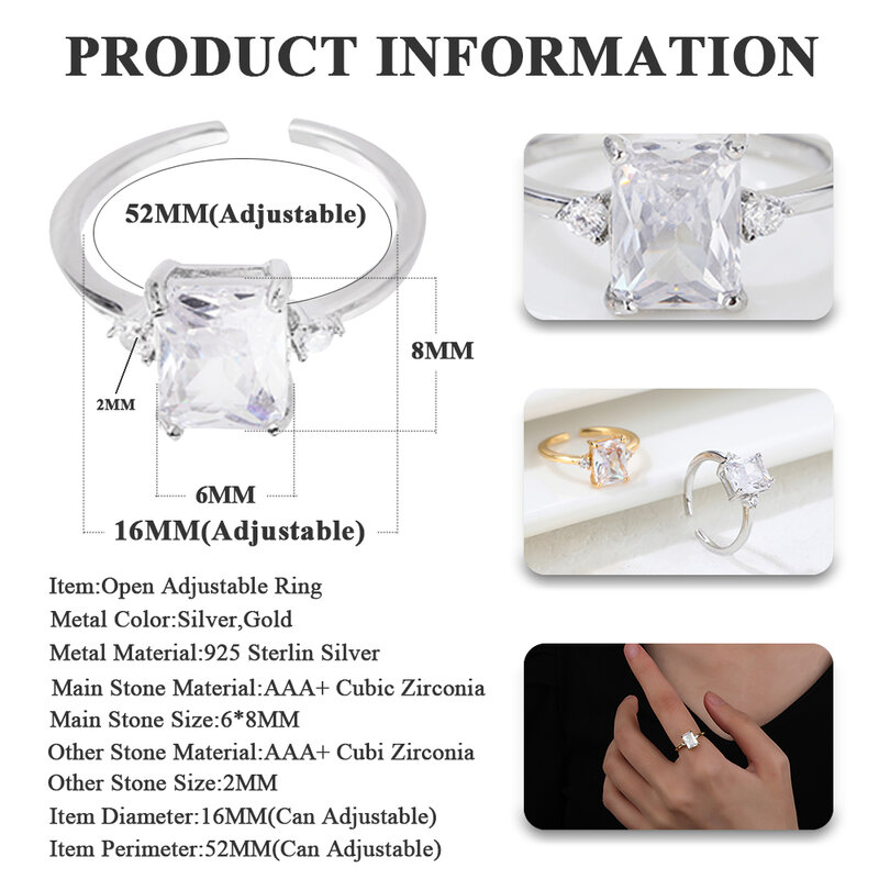Poulisa White Crystal Natural Stone S925 Opening Ring Cubic Zirconia 925 Sterling Silver Adjustable Open Zircon Rings Anillos