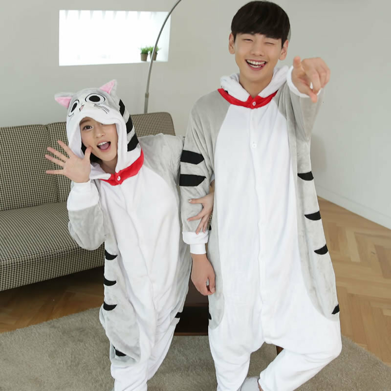 Baju terusan pasangan Anime kucing keju abu-abu, Jumpsuit untuk pasangan, tahan lama, cocok untuk pria dan wanita untuk dipakai di musim dingin, pakaian rumah hangat