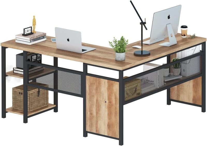 FATORRI L Shaped Computer Desk, Industrial Office Desk with Shelves, Reversible Wood and Metal Corner Desk for Home Office