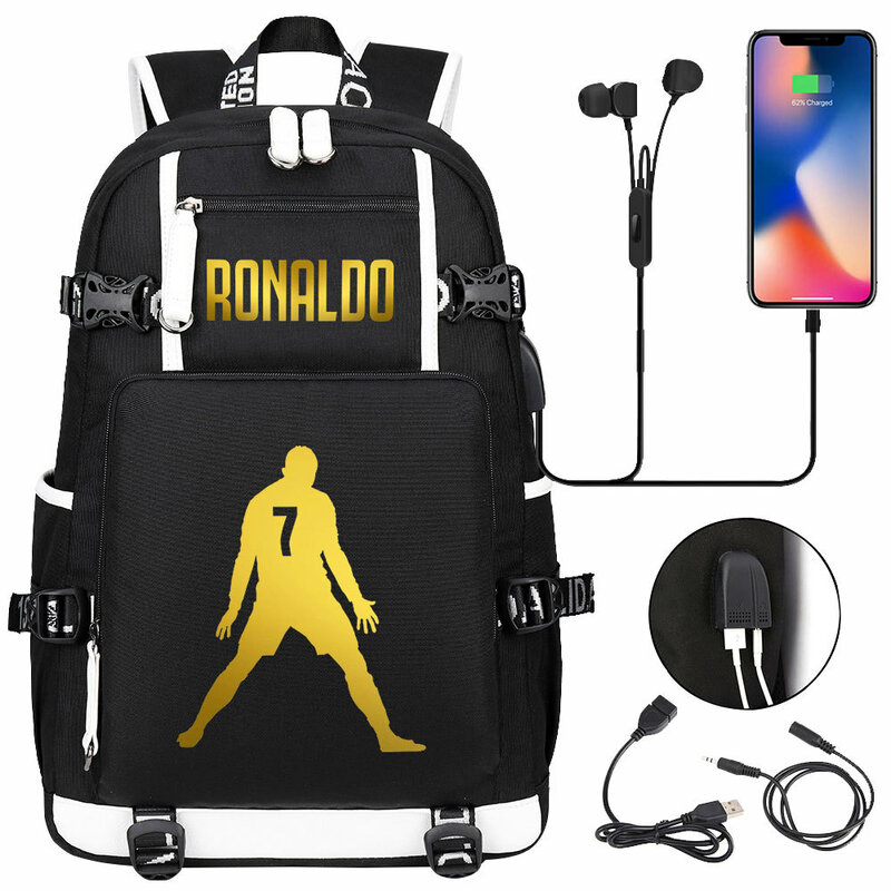 Ronaldo-Sacs d'école de football pour adolescents, sacs de marque de haute qualité, sacs pour filles et garçons, sac à dos avec USB, sac pour enfants, femmes, CR7