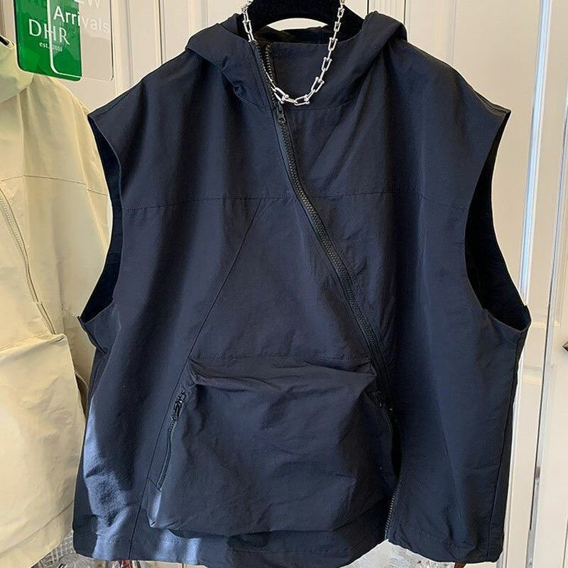 Streetwear Asymmetrical Zipper Coats Vests Summer Sleeveless Solid Color Female Clothing Basic Commute Pockets Spliced Jackets