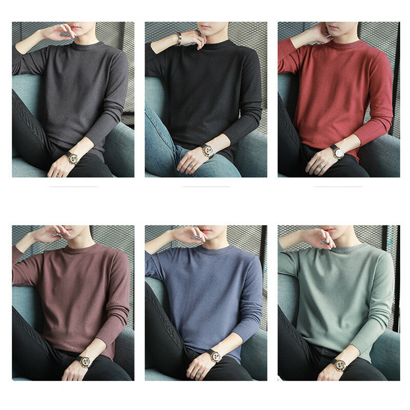 MRMT Sweater Pria Turtleneck bulat, Sweater warna Solid, Sweater rajut atasan pria, Sweater setengah Turtleneck bulat, baru, 2024