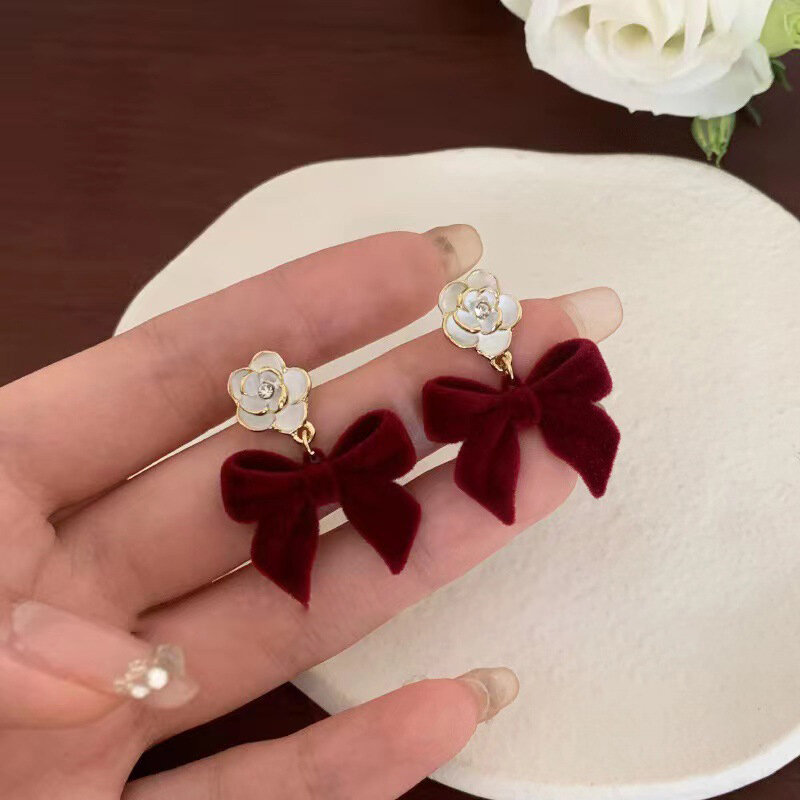 Red Flocked Fabric Bowknot Earrings Temperament Sweet Flowers Long Fringe Earrings