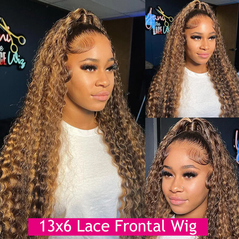 250 Density 30 36 Inch Highlight Honey Brown 13x6 Curly HD Lace Front Human Hair Wigs Color Ombre Deep Water Wave Frontal Wigs