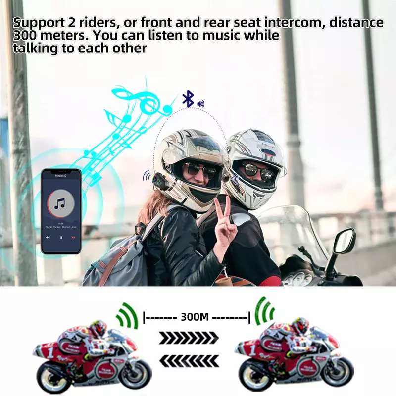 オートバイ用Bluetoothヘッドセット5.3,防水通信デバイス,300mのバッテリー寿命,音楽と通話を同時に実行