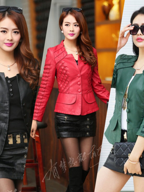 Mulheres Slim Patchwork jaqueta de couro, casaco vermelho, Moto Bikers, plus size, 4XL, Punk, outono, novo