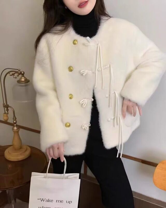 Popular Retro Buckle Imitation Mink Velvet Short Jacket Women Autumn Winter 2023 Unique Faux Fur Coat