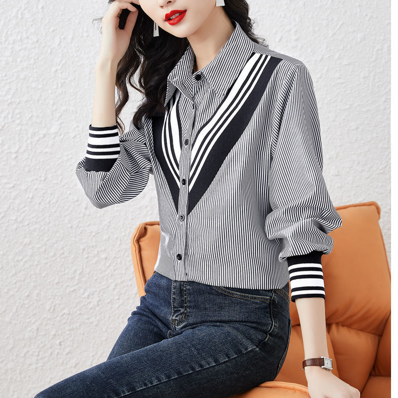 Office Lady 2022 wiosna jesień w paski, splatany bluzka eleganckie kontrastujące kolory jednorzędowa damska koszulka Polo z dekoltem w szpic