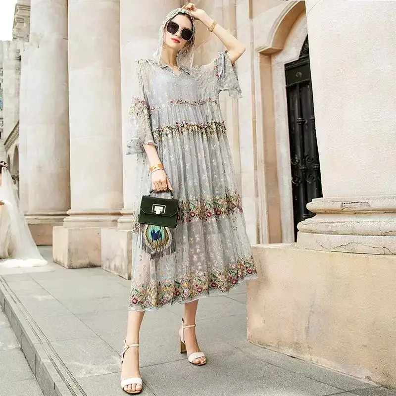 2024 Spring and Summer Women's New Fashion Rich Lady Loose Heavy Embroidery Long Dresses Two-Piece Embroidered Dress Set N638