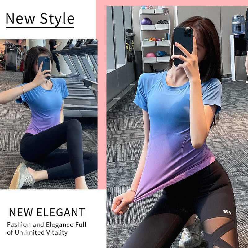 Aiithuug Gradient Round Neck Yoga Tops S-shaped Waist Stitches Shirts Slim Fit Elastic Quick Drying Breathable Training Gym Tops