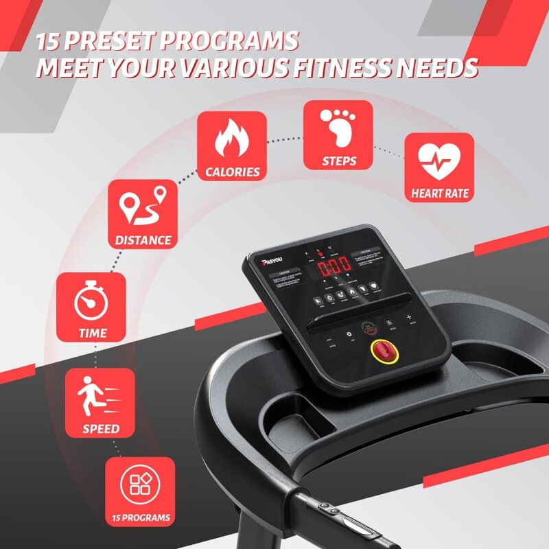 PASYOU cinta de correr plegable para el hogar, con conectividad Bluetooth, cinta de correr compacta con 15 programas de preprogramación, Monitor de frecuencia cardíaca Plus