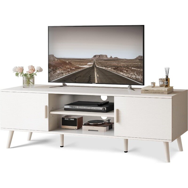 Support TV en bois massif avec étagère réglable, centre de divertissement, table console TV, console multimédia, 2 armoires, 55 pouces