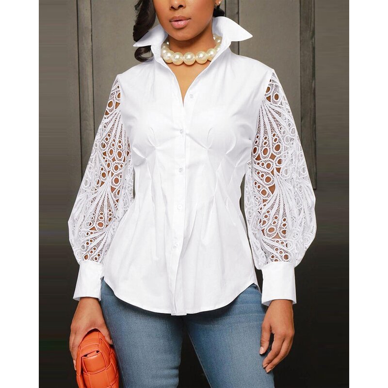 Women Lantern Sleeve Eyelet Embroidery Hollow Out Casual Top Blouse Cotton White Shirt Summer Outfits Korean Style Blusa Mujer