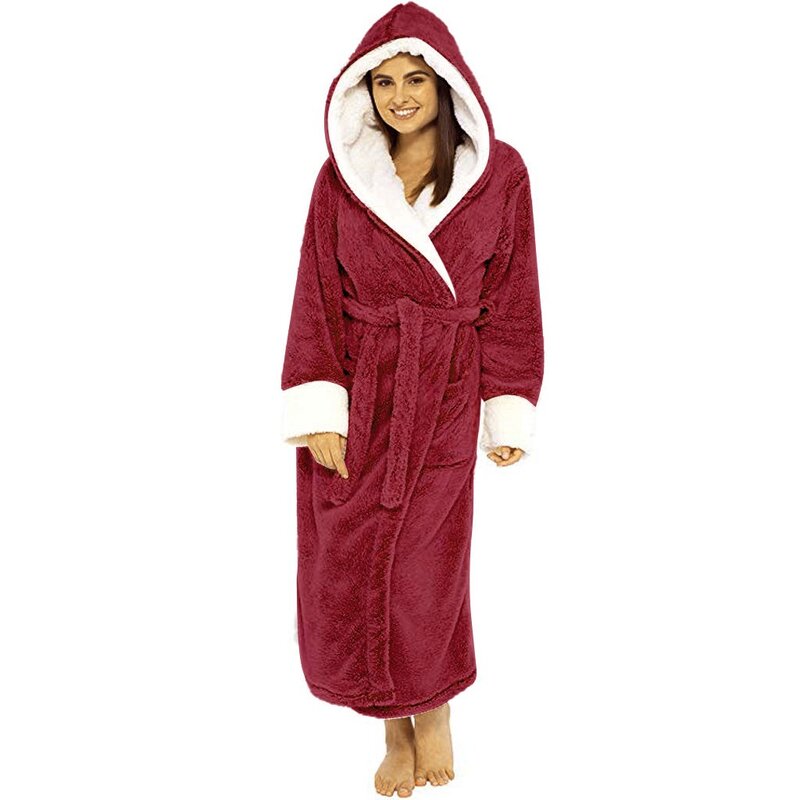 Jubah mandi wanita berkerudung tebal, hangat mewah, pakaian tidur pinggang ketat musim dingin, jubah mandi longgar bertali