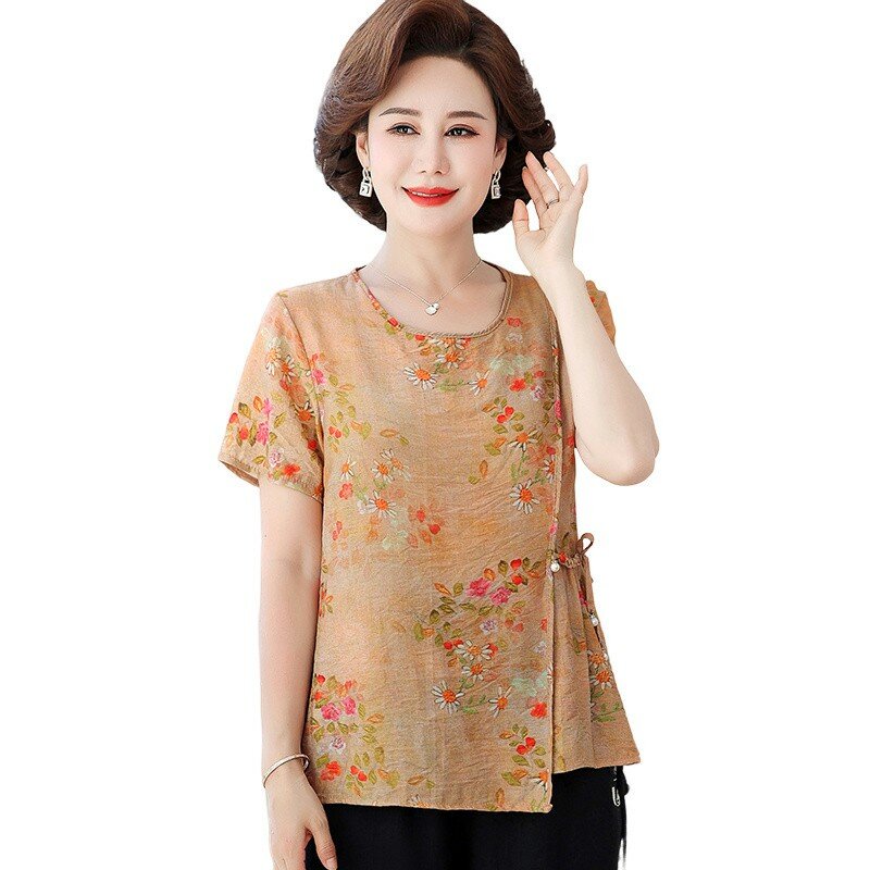 Женская блузка с коротким рукавом, круглым вырезом и цветочным принтом