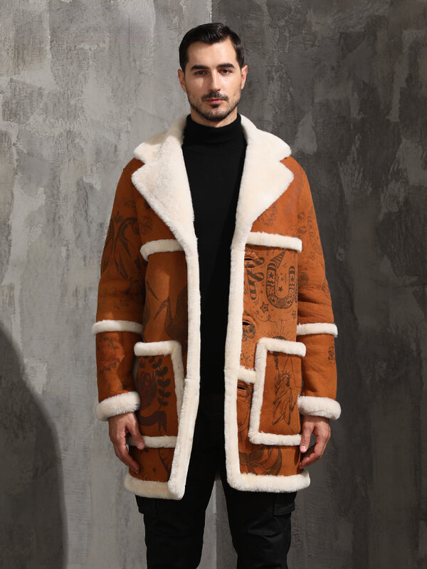 Jaket kulit asli untuk pria, mantel bulu domba, jaket bulu pria Motif panjang Medium, mantel musim dingin