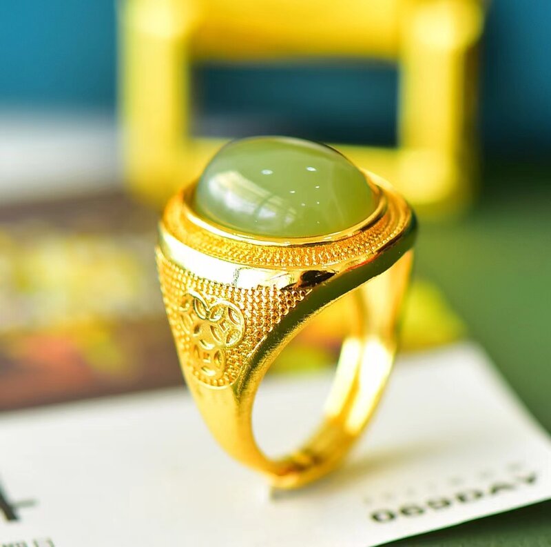 Hetian Jade Ring💍Natuursteen Verstelbare Ringen Mannen Vrouwen Edelsteen Sieraden Luxe Retro Charme Amulet Mascottes Dames Sieraden