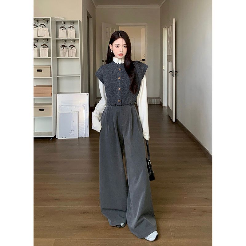 Vintage Knitted Vest+long Sleeve T Shirts+Wide Leg Pants 3 Pieces Sets Women Korean Fashion New Matching Sets Y2k Clothes K Pop