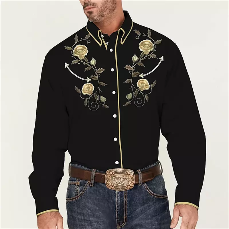 Camisa de mezclilla occidental con patrón de hoja para hombre, puños de calle al aire libre, camisa de manga larga, diseño de botones, top informal de moda