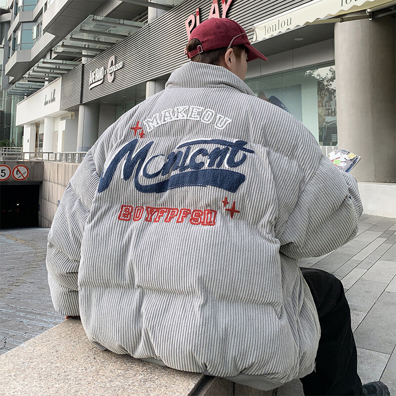 Parkas gruesas y cálidas para hombre, abrigos Retro de calle alta con bordado de letras, cuello alto japonés, ropa de exterior Carduroy Harajuku, Invierno