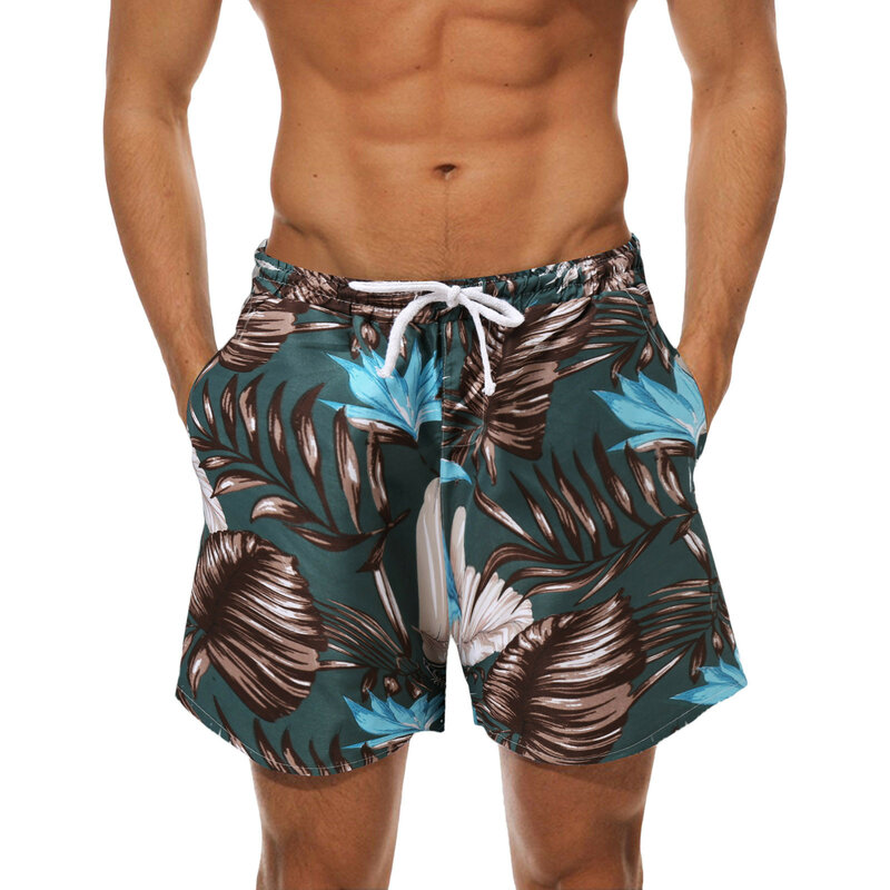 Shorts de praia estampados florais masculinos, shorts de bandagem elástica, maiô de férias, calção casual, calção 3D, Havaí