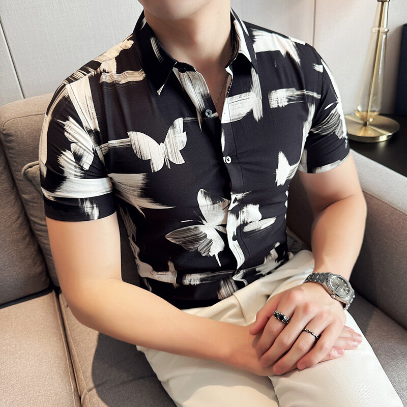 Мужская приталенная рубашка с коротким рукавом, Повседневная рубашка с цветочным принтом и персонализированным принтом, одежда для улицы, 2024