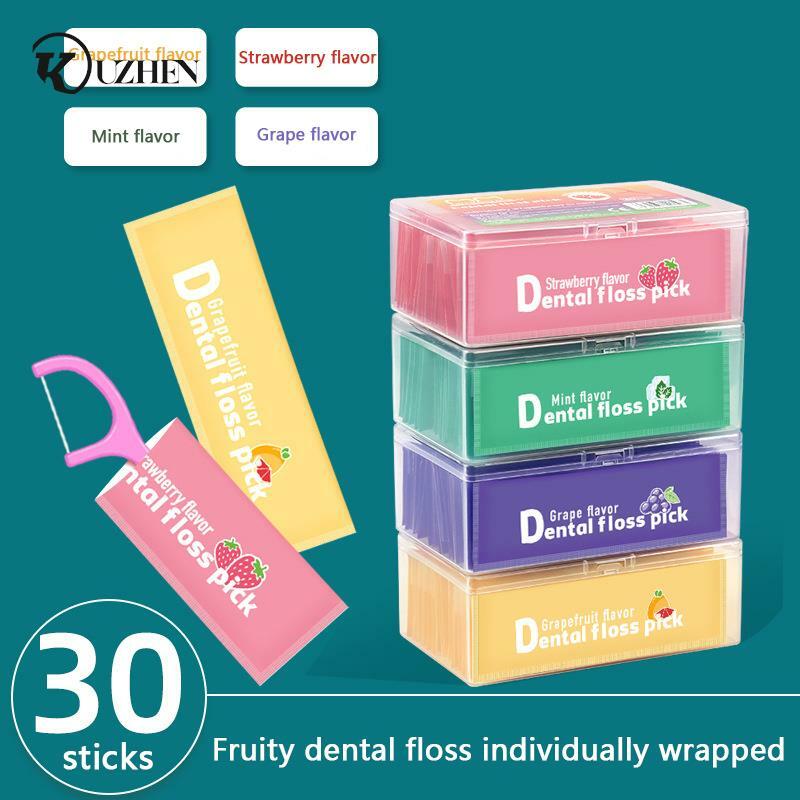 Set tusuk gigi benang portabel, 30 buah/boks rasa buah warna-warni benang gigi pembersih gigi dengan tabung penyimpanan