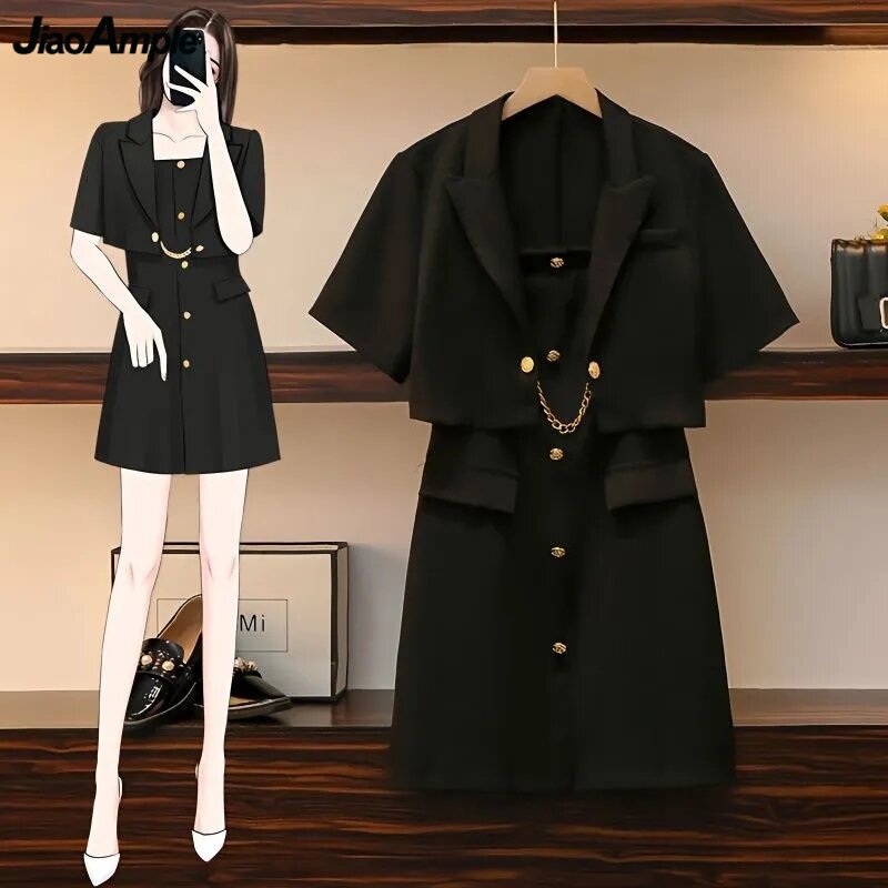 Kobiety Lato Slim Krótkie Marynarki Camisole 1 lub 2-częściowy zestaw Koreańska moda biurowa Płaszcz Guzik Sling Mini sukienki Stroje 2024