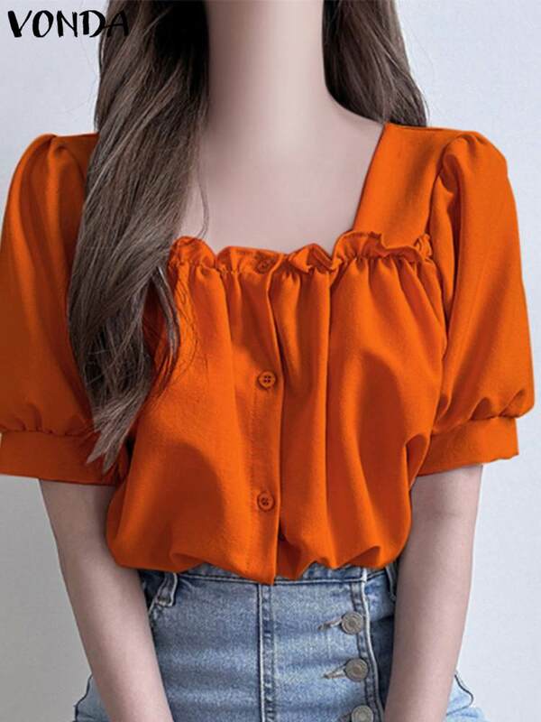 Fashion Office Shirts 2024 VONDA Women Sexy Short Sleeve Blouses Square Collar Casual Solid Buttons Tunic Tops Loose Blusas
