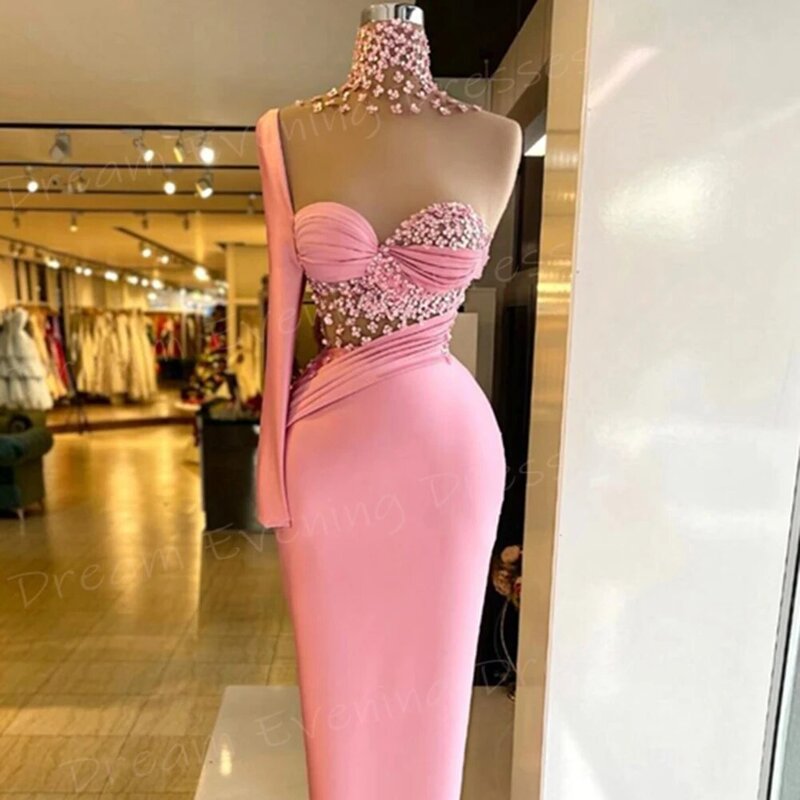 아라비아 아름다운 부드러운 핑크 여성 인어 모던 이브닝 드레스, 매력적인 섹시한 원 숄더 무도회 가운, 비즈 드레스 갈라
