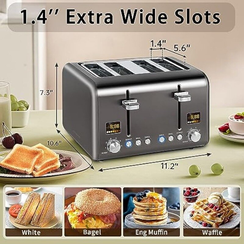 Toaster 4 Slice,Stainless Steel Bread Toaster with Colorful LCD Display,7 Bread Shade Settings,Bagel/Defrost/Reheat Functions