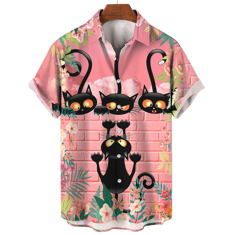 Camisa com estampa de gato havaiano masculina, manga curta, camisa grande solta, estampa abstrata, blusa de praia de verão, casual, verão, 2024