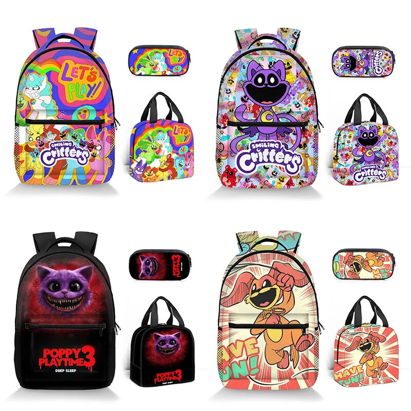 3pcs/set Smiling Critters Backpack Shoulder Bag Pencil Case 3D Anime Print Pupil School Bag Birthday Christmas For Kids Gifts