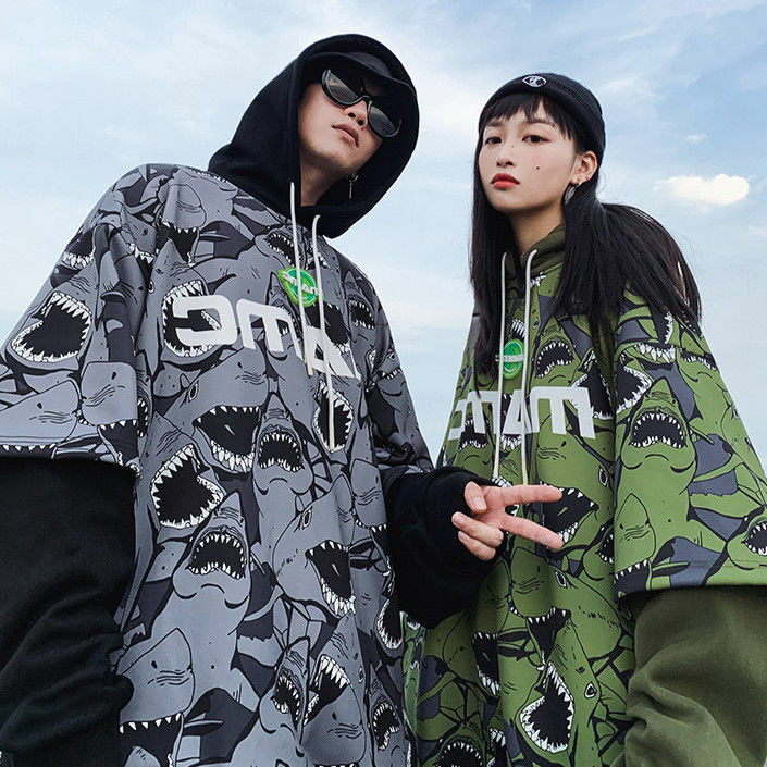 4XL Fake Two-piece Pullover Hoodie Loose Full Print Thin Section Long Sleeve Couple Jacket for Men and Women 2022 New