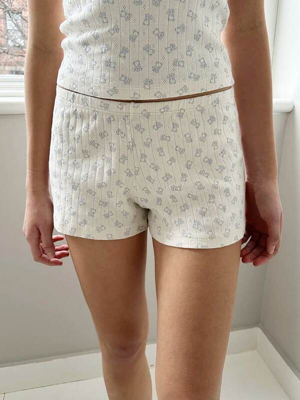 Shorts de boxer de botão estampado floral feminino, pijama macio, lounge para dormir, pijama confortável, mini bottoms, cintura elástica baixa, sexy, Y2k